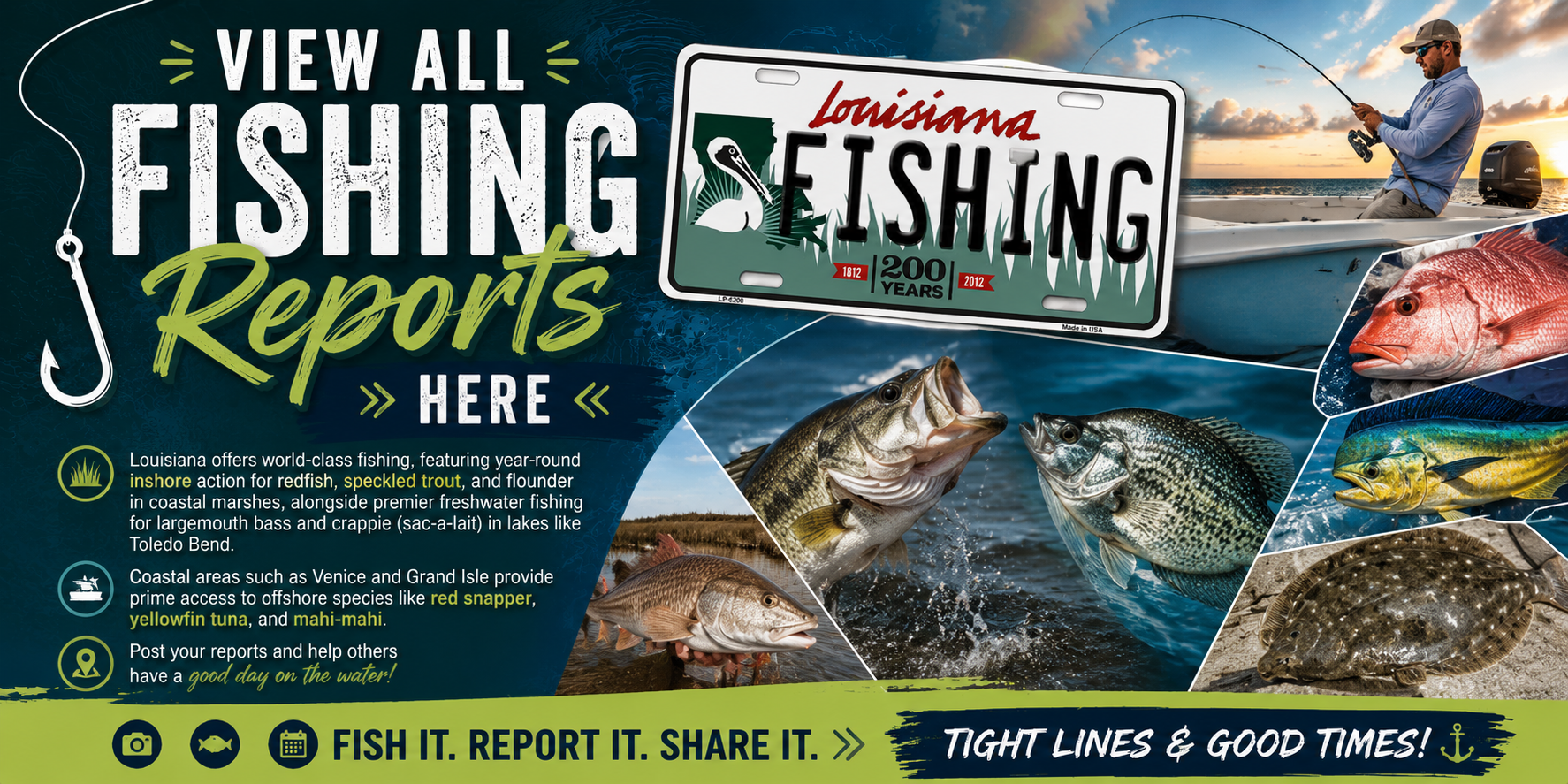 Louisiana offers world-class fishing, featuring year-round inshore action for redfish, speckled trout, and flounder in coastal marshes, alongside premier freshwater fishing for largemouth bass and crappie (sac-a-lait) in lakes like Toledo Bend. Coastal areas such as Venice and Grand Isle provide prime access to offshore species like red snapper, yellowfin tuna, and mahi-mahi.